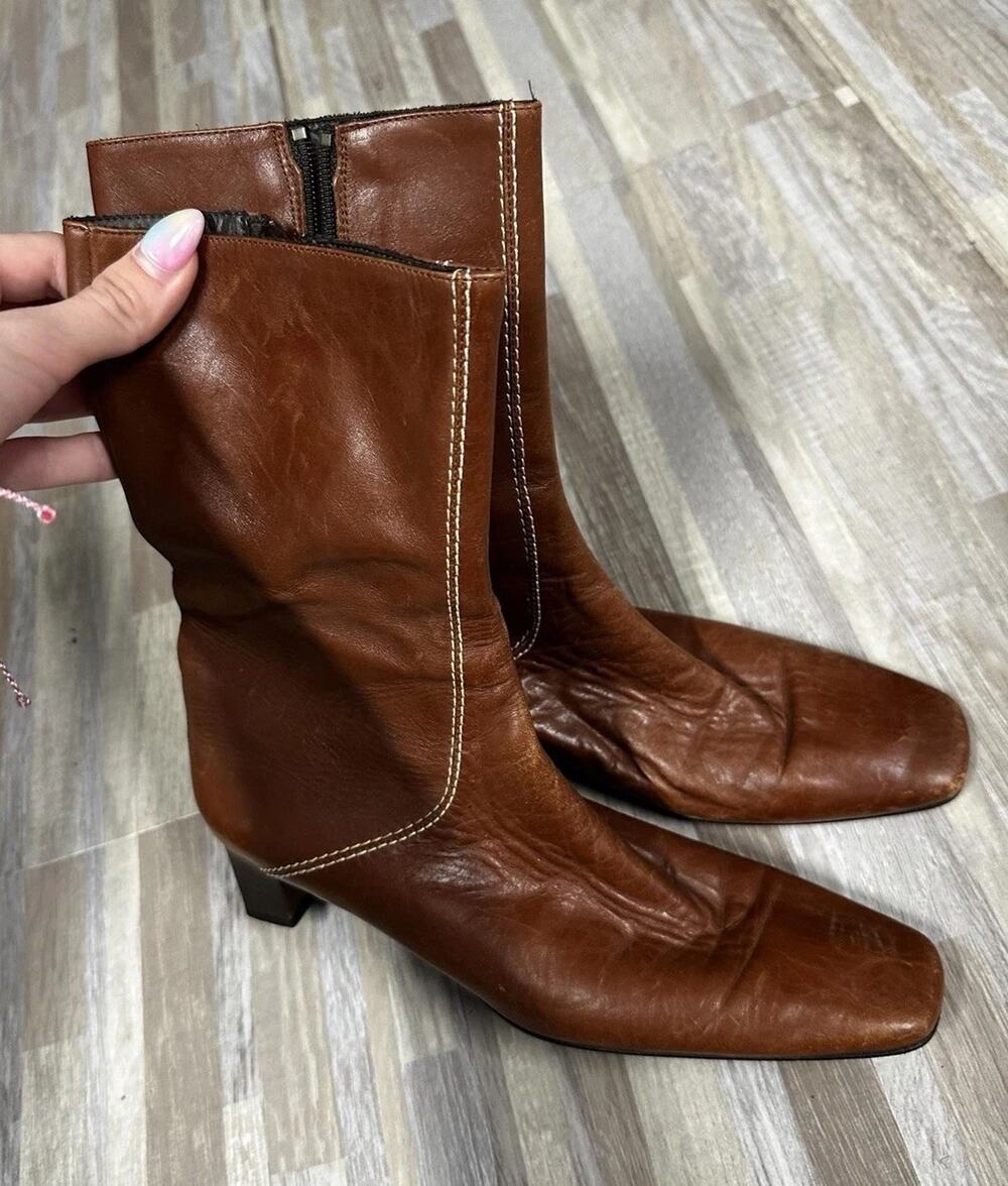 Vintage Cole Haan Leather Boots Sz 6 B Brn Mid Calf Sq Toe